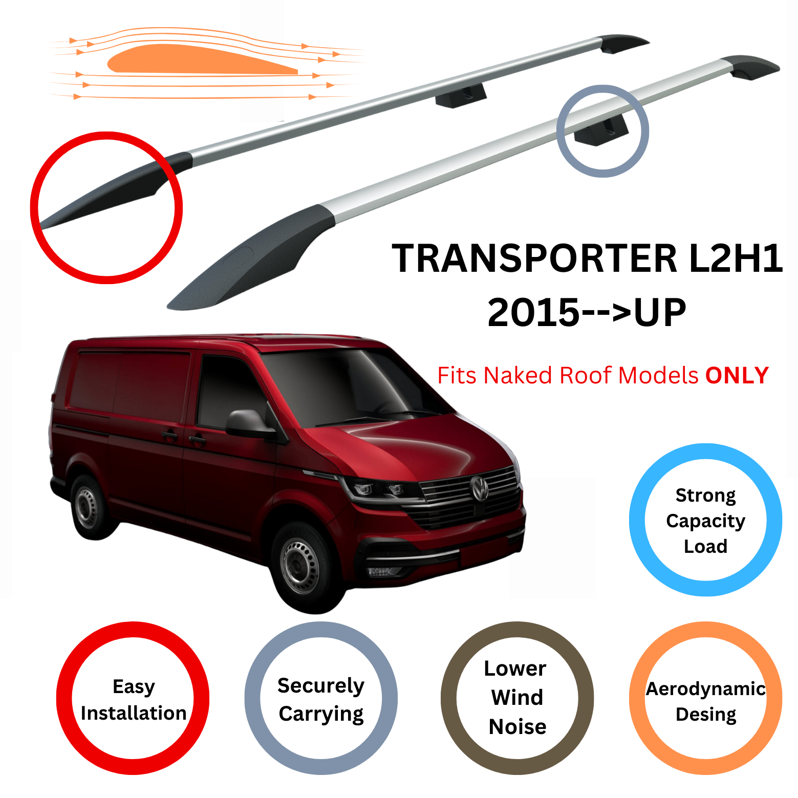 For Volkswagen Transporter T6 2015-2024 SWB Roof Side Rail and Roof Rack Cross Bar Silver For Volkswagen Transporter T6 2015-2024 SWB Roof Side Rail and Roof Rack Cross Bar Silver